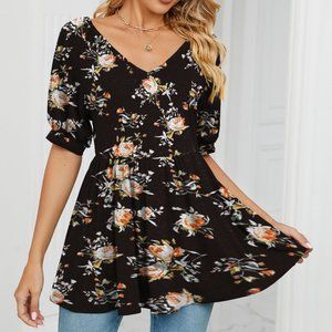 V-neck printed t-shirt bubble short-sleeved corset top